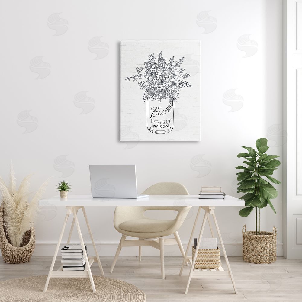 Lettered and Lined Detailed Flower Bouquet Outline Drawing Rustic Jar Canvas Wall Art Print in Room
