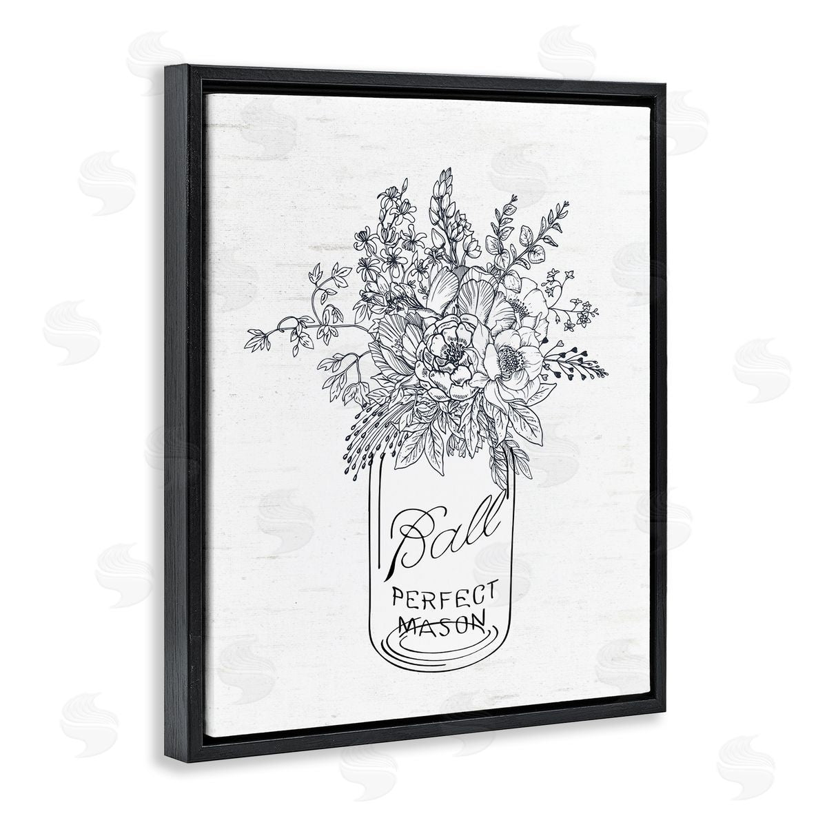 Lettered and Lined Detailed Flower Bouquet Outline Drawing Rustic Jar Black Floating Frame Canvas Wall Art Print