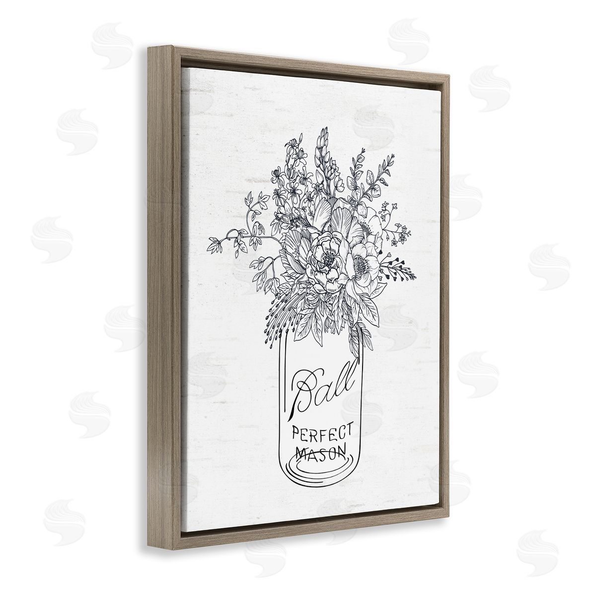 Lettered and Lined Detailed Flower Bouquet Outline Drawing Rustic Jar Brown Floating Frame Canvas Wall Art Print