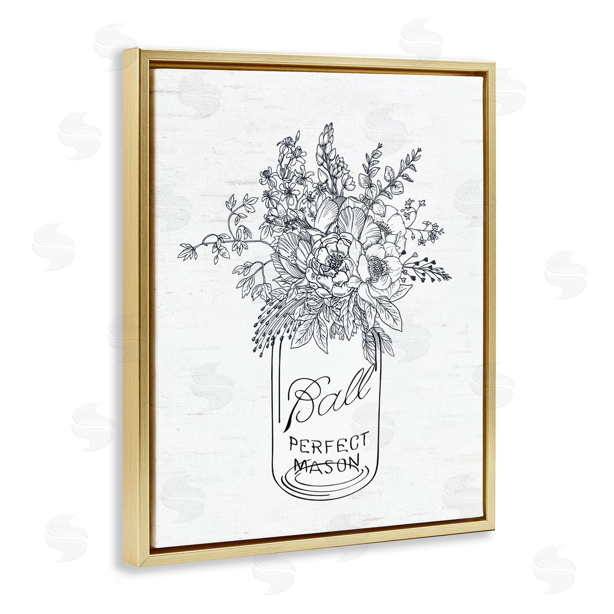 Lettered and Lined Detailed Flower Bouquet Outline Drawing Rustic Jar Gold Floating Frame Canvas Wall Art Print