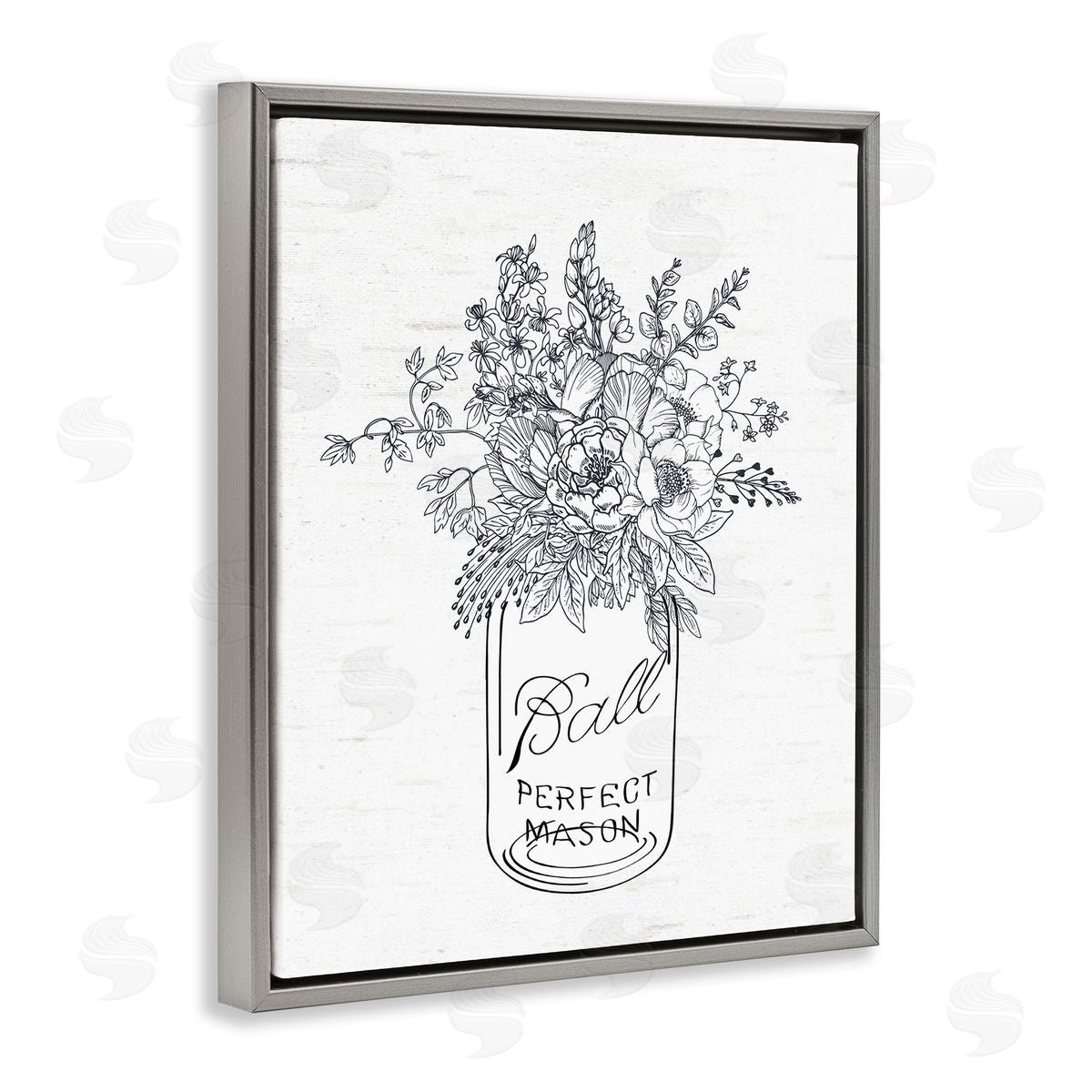 Lettered and Lined Detailed Flower Bouquet Outline Drawing Rustic Jar Gray Floating Frame Canvas Wall Art Print