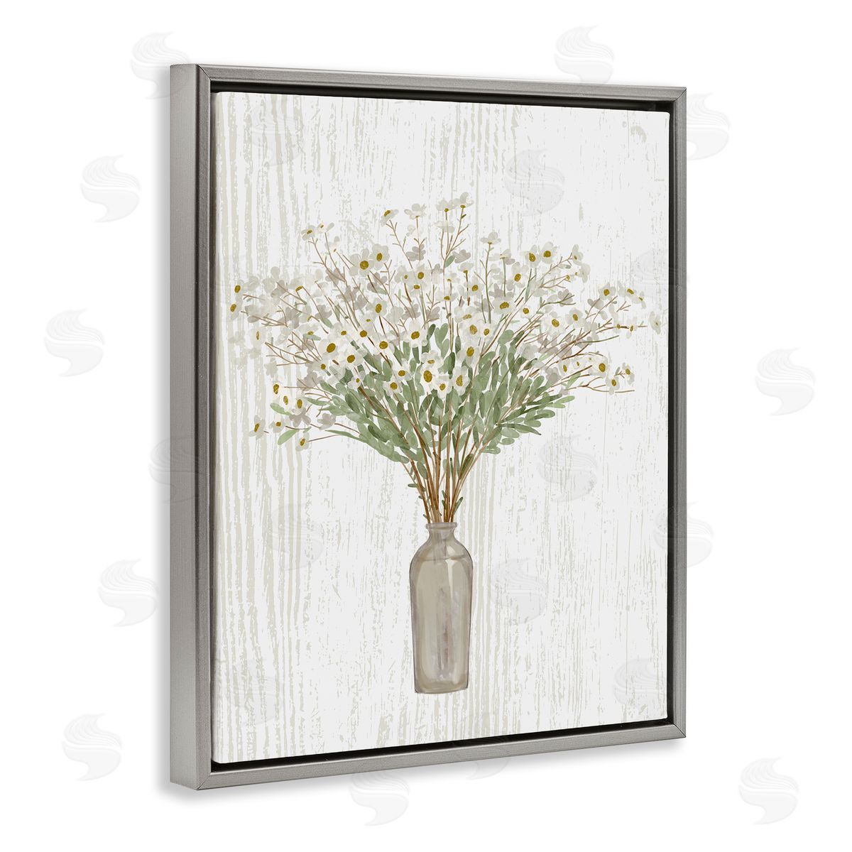 Ziwei Li Delicate Cottage Wildflowers Bouquet Weathered Grainy Pattern Gray Floating Frame Canvas Wall Art Print