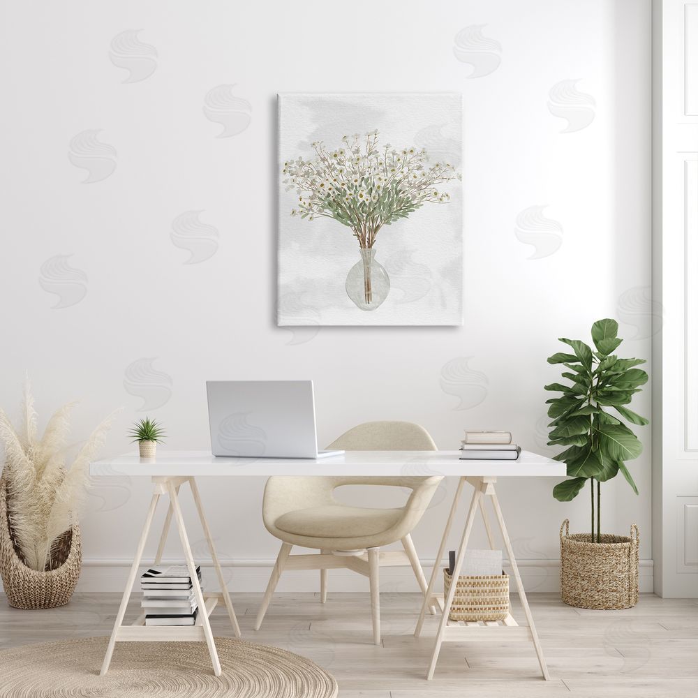 Ziwei Li White Daisy Wildflowers Arrangement Delicate Glass Vase Canvas Wall Art Print in Room