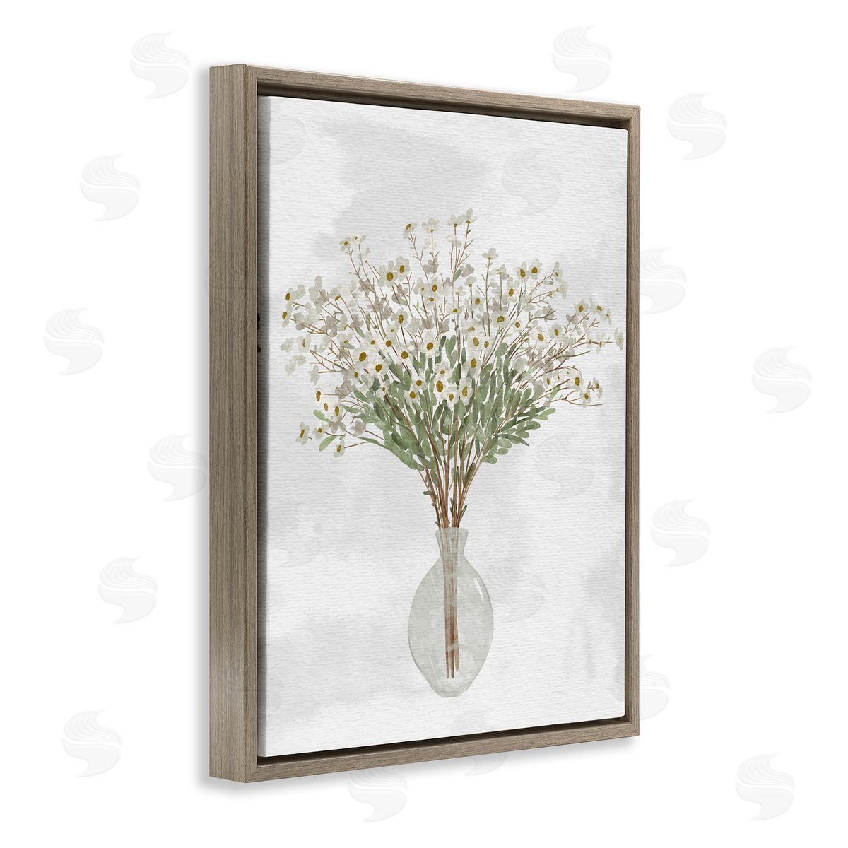 Ziwei Li White Daisy Wildflowers Arrangement Delicate Glass Vase Brown Floating Frame Canvas Wall Art Print