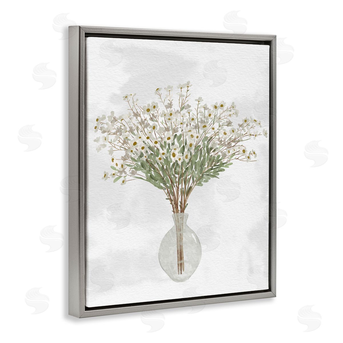 Ziwei Li White Daisy Wildflowers Arrangement Delicate Glass Vase Gray Floating Frame Canvas Wall Art Print