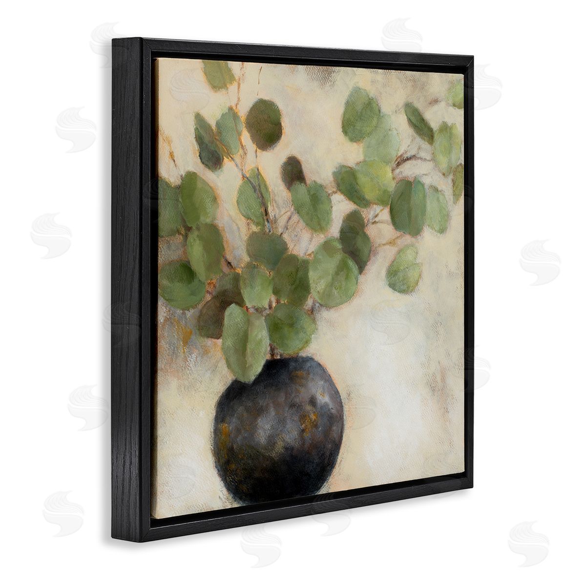 Green Potted Eucalyptus Leaves Black Floating Frame Canvas Wall Art, Home Decor by Lanie Loreth