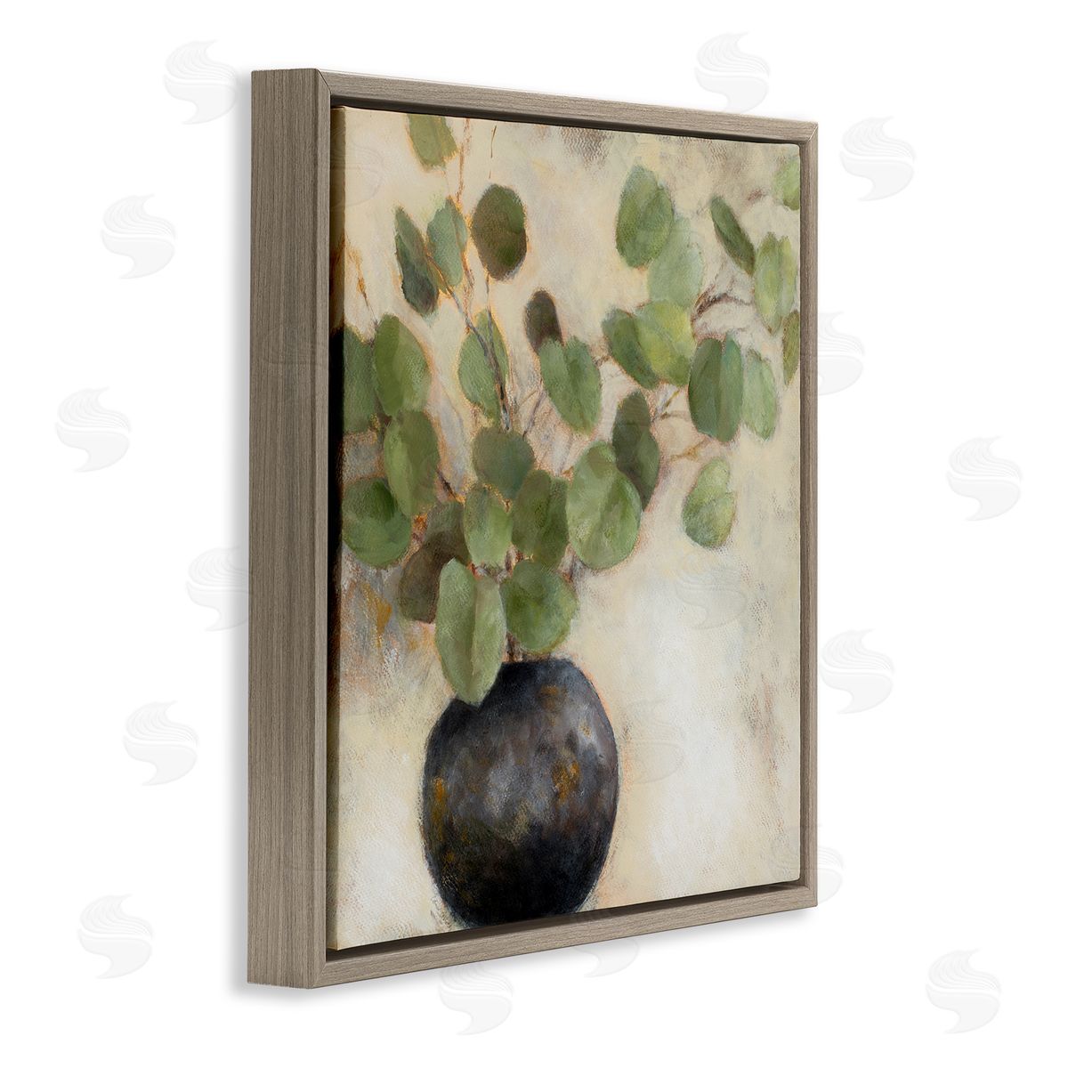 Green Potted Eucalyptus Leaves Brown Floating Frame Canvas Wall Art, Home Decor by Lanie Loreth