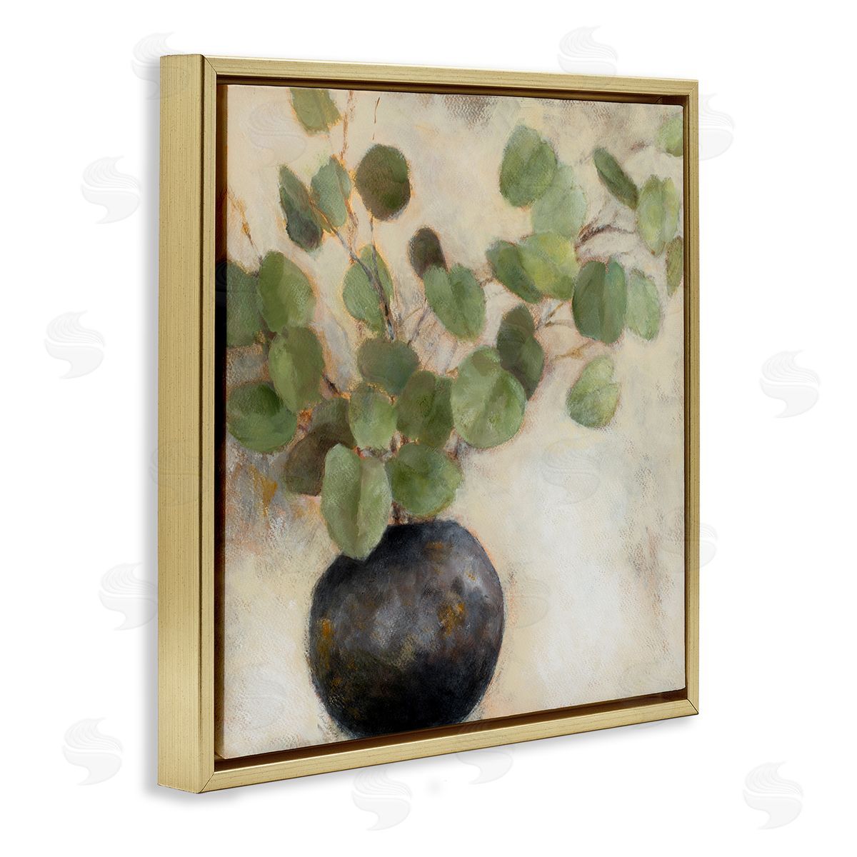 Green Potted Eucalyptus Leaves Gold Floating Frame Canvas Wall Art, Home Decor by Lanie Loreth