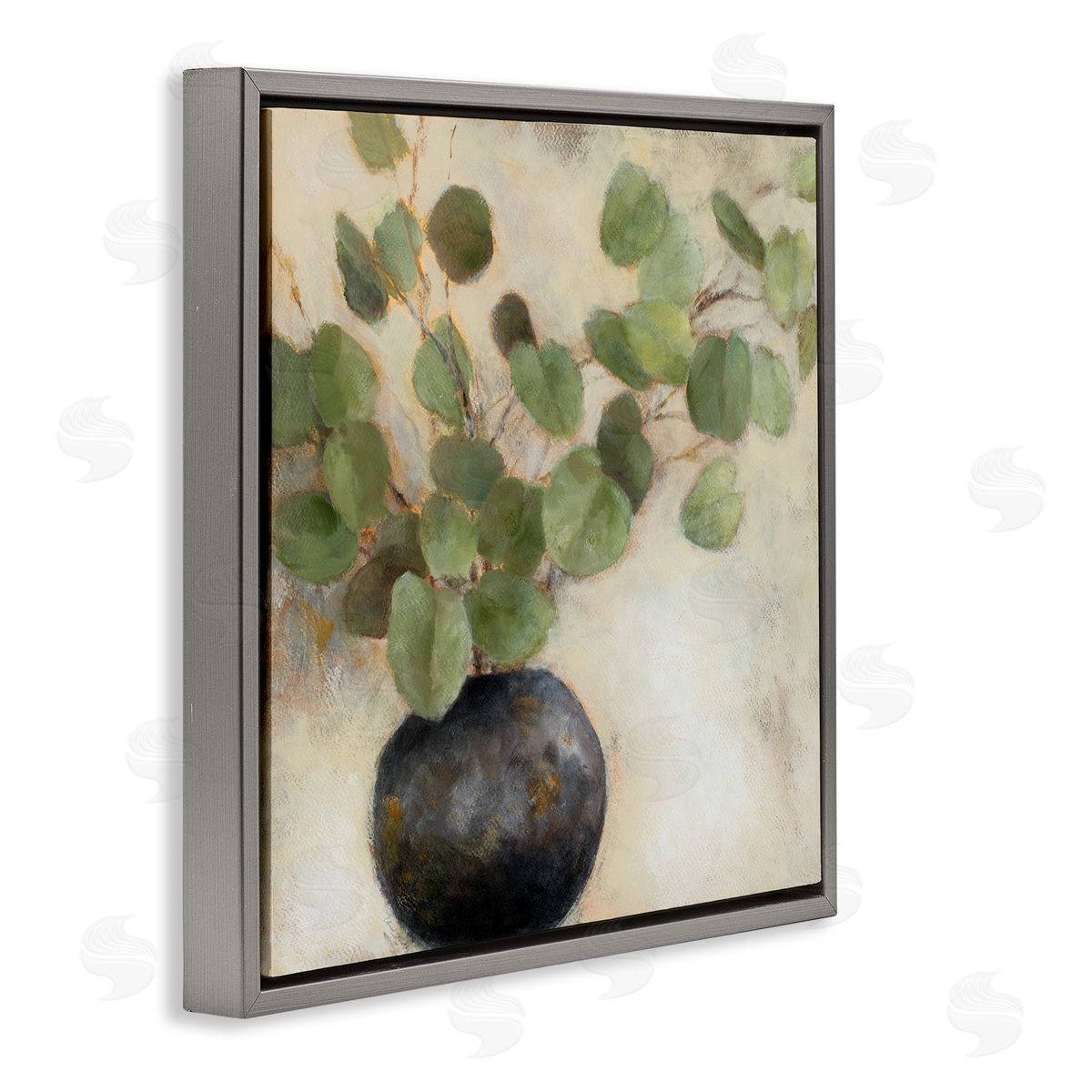 Green Potted Eucalyptus Leaves Grey Floating Frame Canvas Wall Art, Home Decor by Lanie Loreth