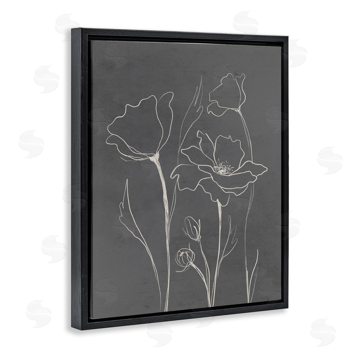 Elizabeth Medley Blooming Flower Buds Casual Grey Line Doodle  Black Floating Frame Canvas Wall Art Print
