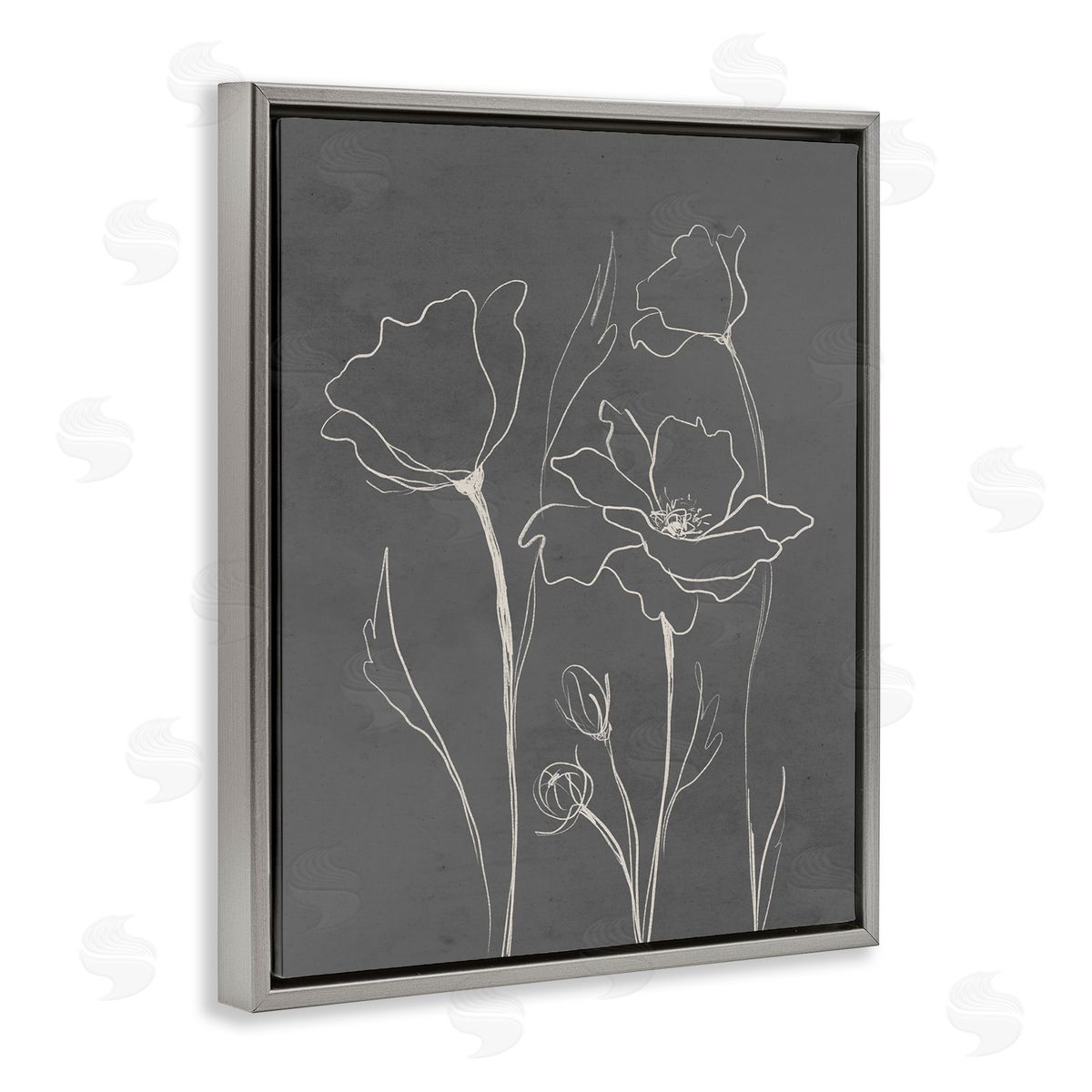 Elizabeth Medley Blooming Flower Buds Casual Grey Line Doodle  Gray Floating Frame Canvas Wall Art Print
