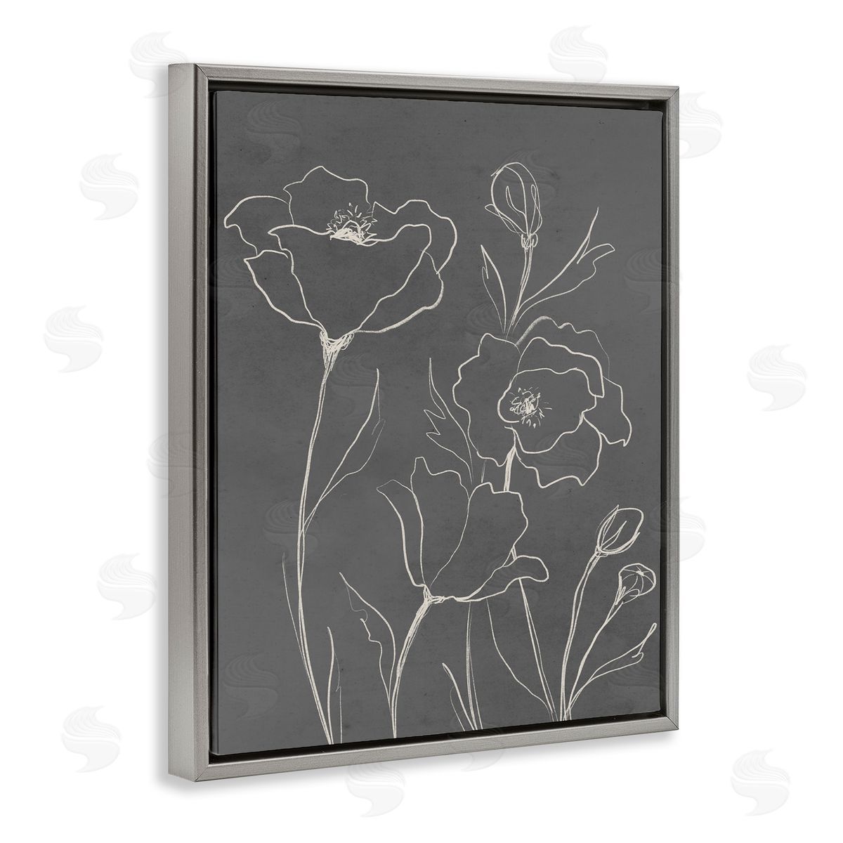Elizabeth Medley Blossoming Flower Petals Botanical Line Doodle Drawing  Gray Floating Frame Canvas Wall Art Print