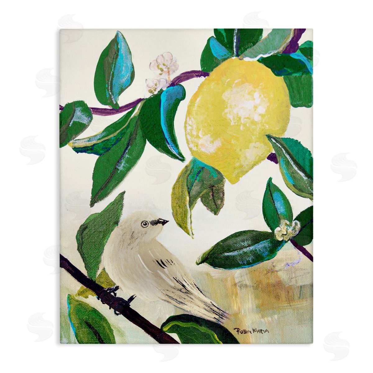 Robin Maria Vivid Yellow Lemon Citrus Fruit Bird Perched Stretched Canvas Wall Art Print