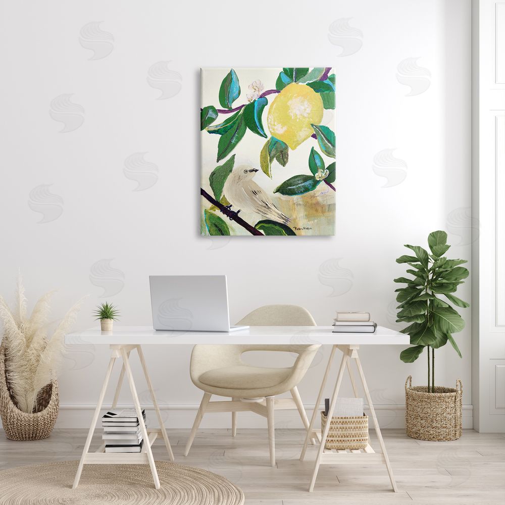 Robin Maria Vivid Yellow Lemon Citrus Fruit Bird Perched Canvas Wall Art Print in Room