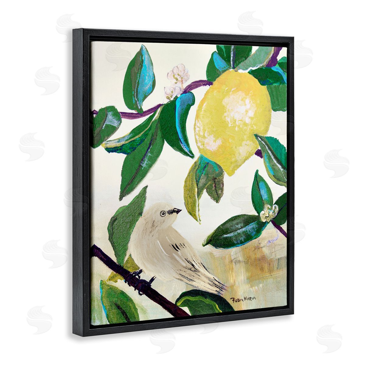 Robin Maria Vivid Yellow Lemon Citrus Fruit Bird Perched Black Floating Frame Canvas Wall Art Print