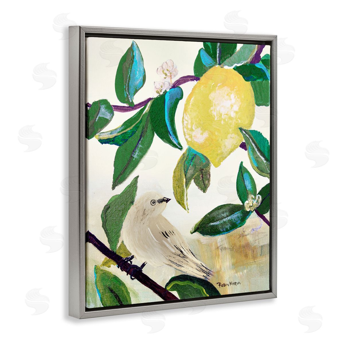 Robin Maria Vivid Yellow Lemon Citrus Fruit Bird Perched Gray Floating Frame Canvas Wall Art Print