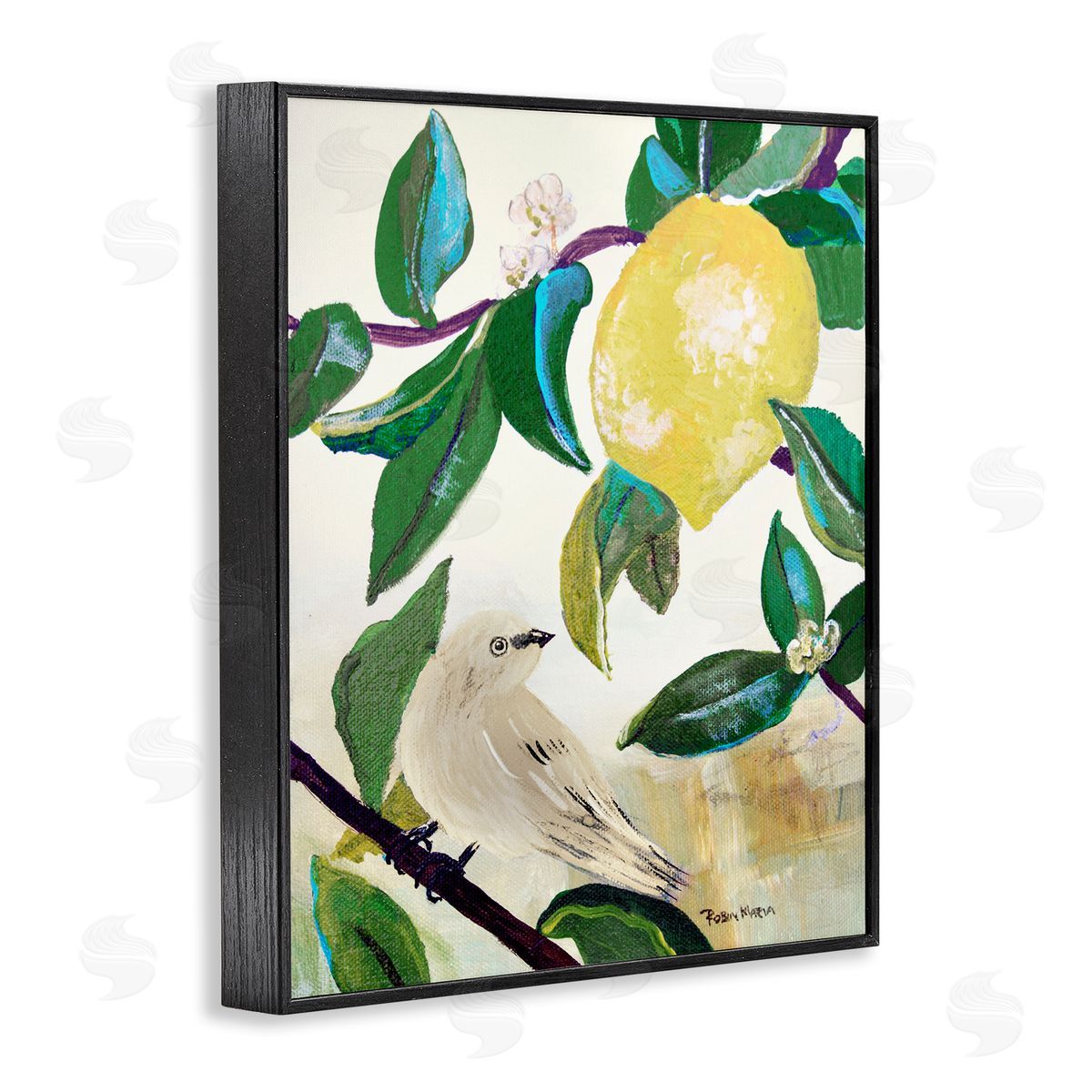 Robin Maria Vivid Yellow Lemon Citrus Fruit Bird Perched Black Framed Giclee Wall Art Print