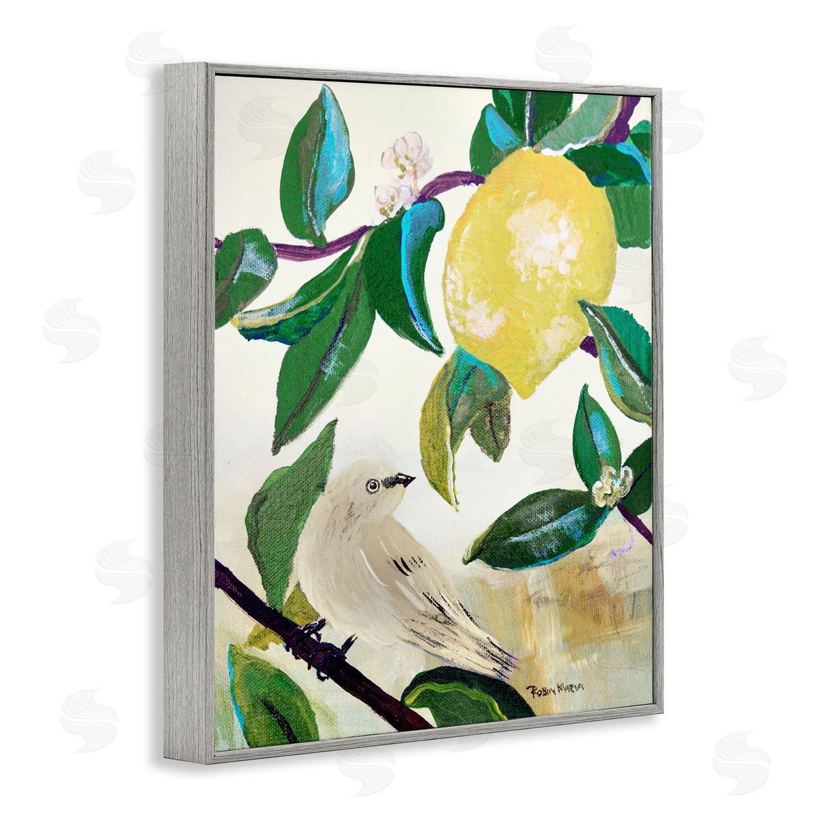 Robin Maria Vivid Yellow Lemon Citrus Fruit Bird Perched Gray Framed Giclee Wall Art Print