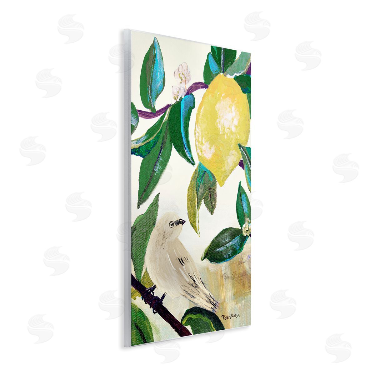 Robin Maria Vivid Yellow Lemon Citrus Fruit Bird Perched Wall Plaque Art Print