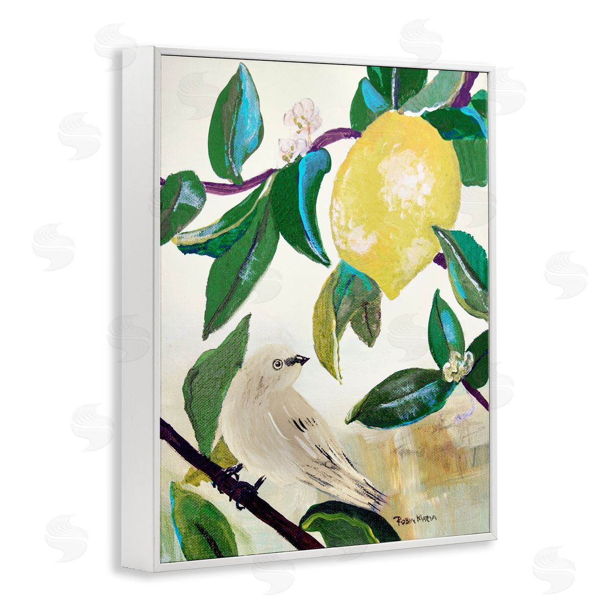 Robin Maria Vivid Yellow Lemon Citrus Fruit Bird Perched White Framed Giclee Wall Art Print