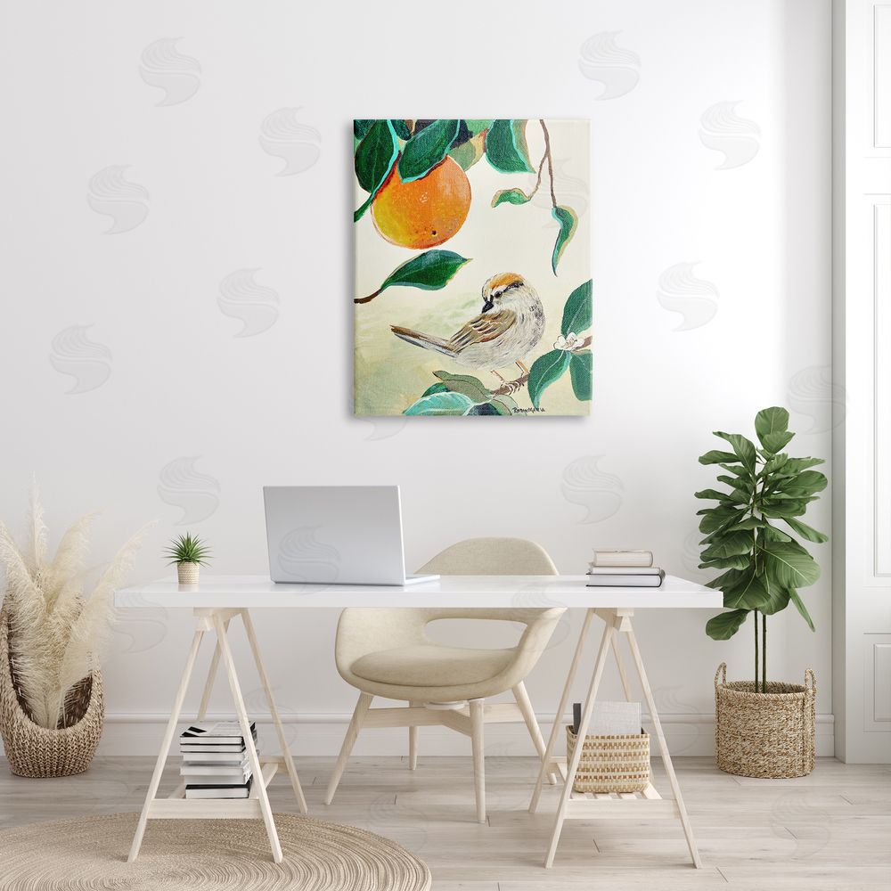 Robin Maria Bird Perched Orange Fruit Tree Branch Leaves Canvas Wall Art Print in Room