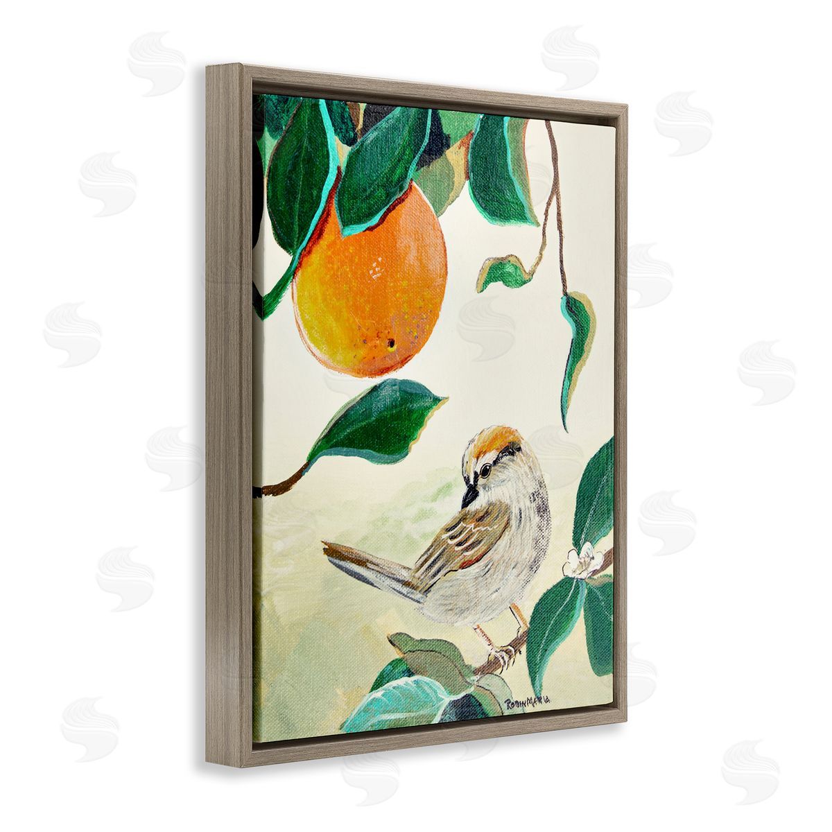 Robin Maria Bird Perched Orange Fruit Tree Branch Leaves Brown Floating Frame Canvas Wall Art Print