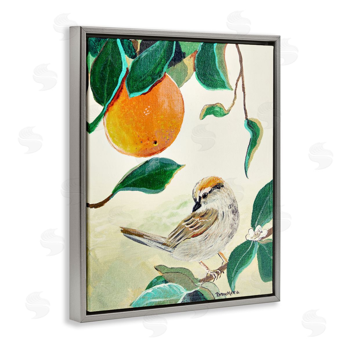 Robin Maria Bird Perched Orange Fruit Tree Branch Leaves Gray Floating Frame Canvas Wall Art Print