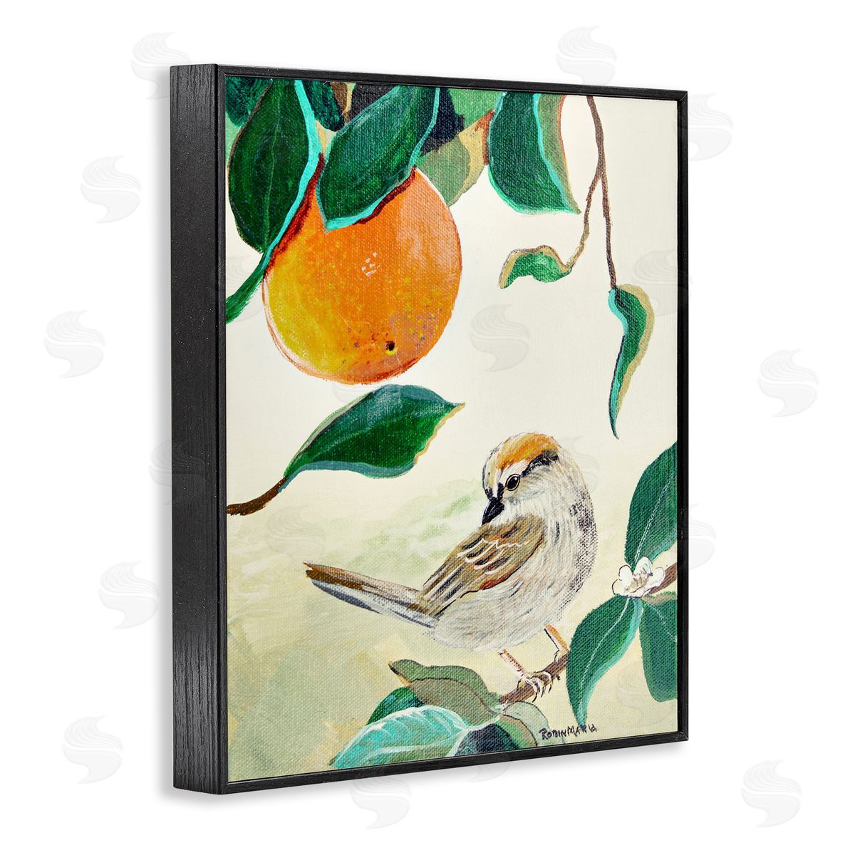 Robin Maria Bird Perched Orange Fruit Tree Branch Leaves Black Framed Giclee Wall Art Print