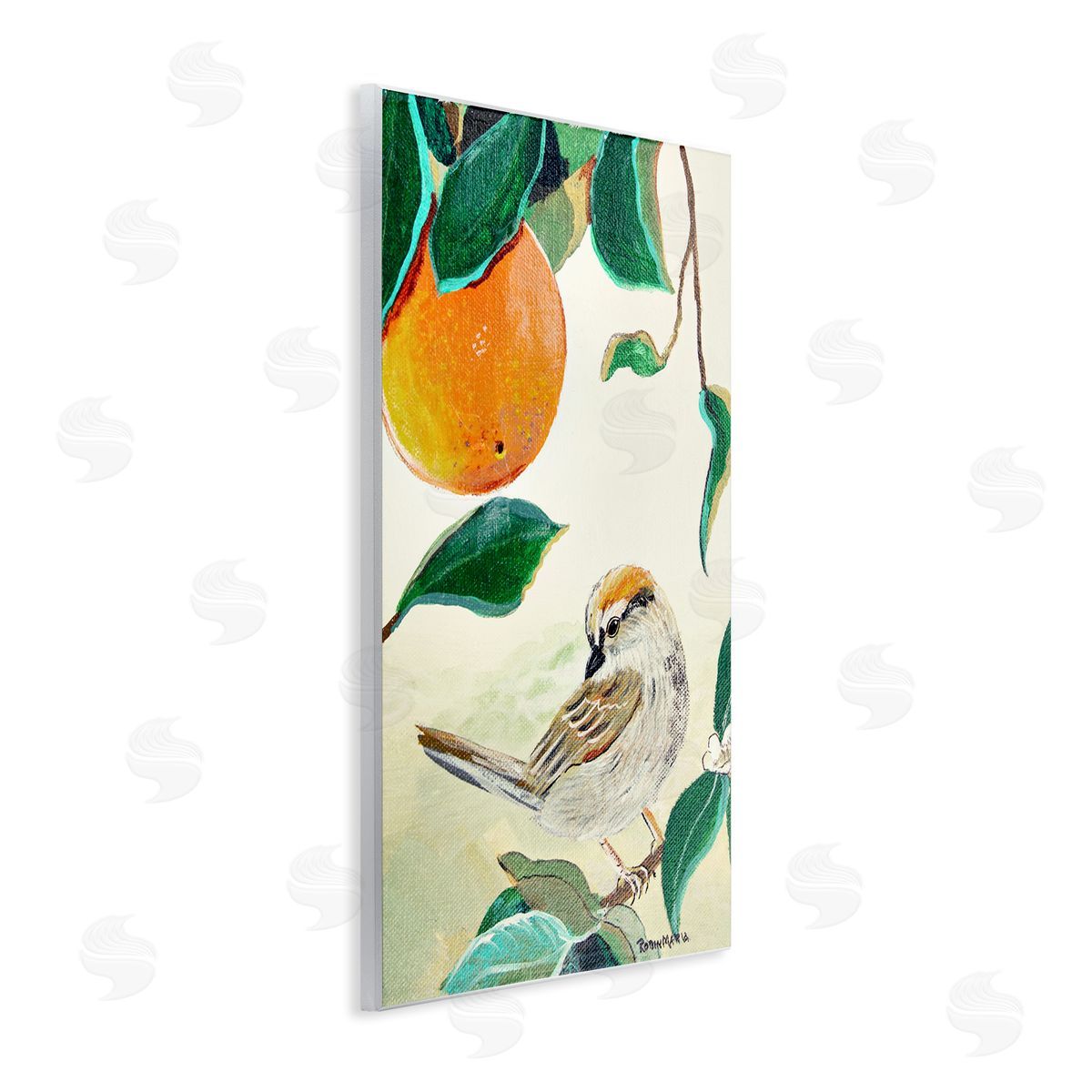 Robin Maria Bird Perched Orange Fruit Tree Branch Leaves Wall Plaque Art Print
