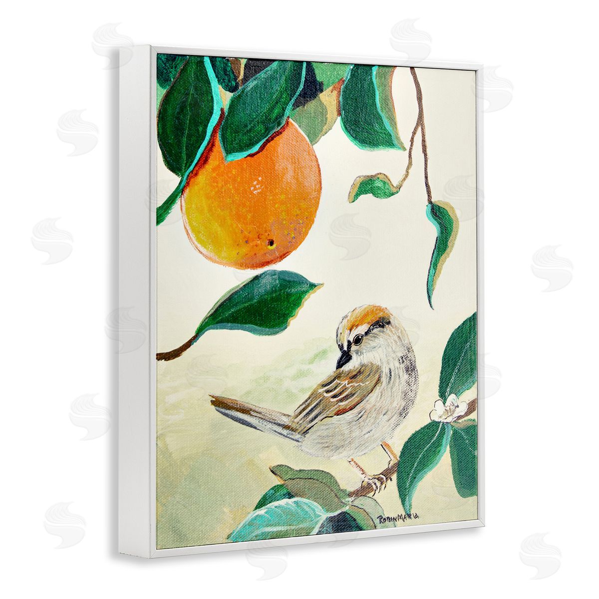 Robin Maria Bird Perched Orange Fruit Tree Branch Leaves White Framed Giclee Wall Art Print