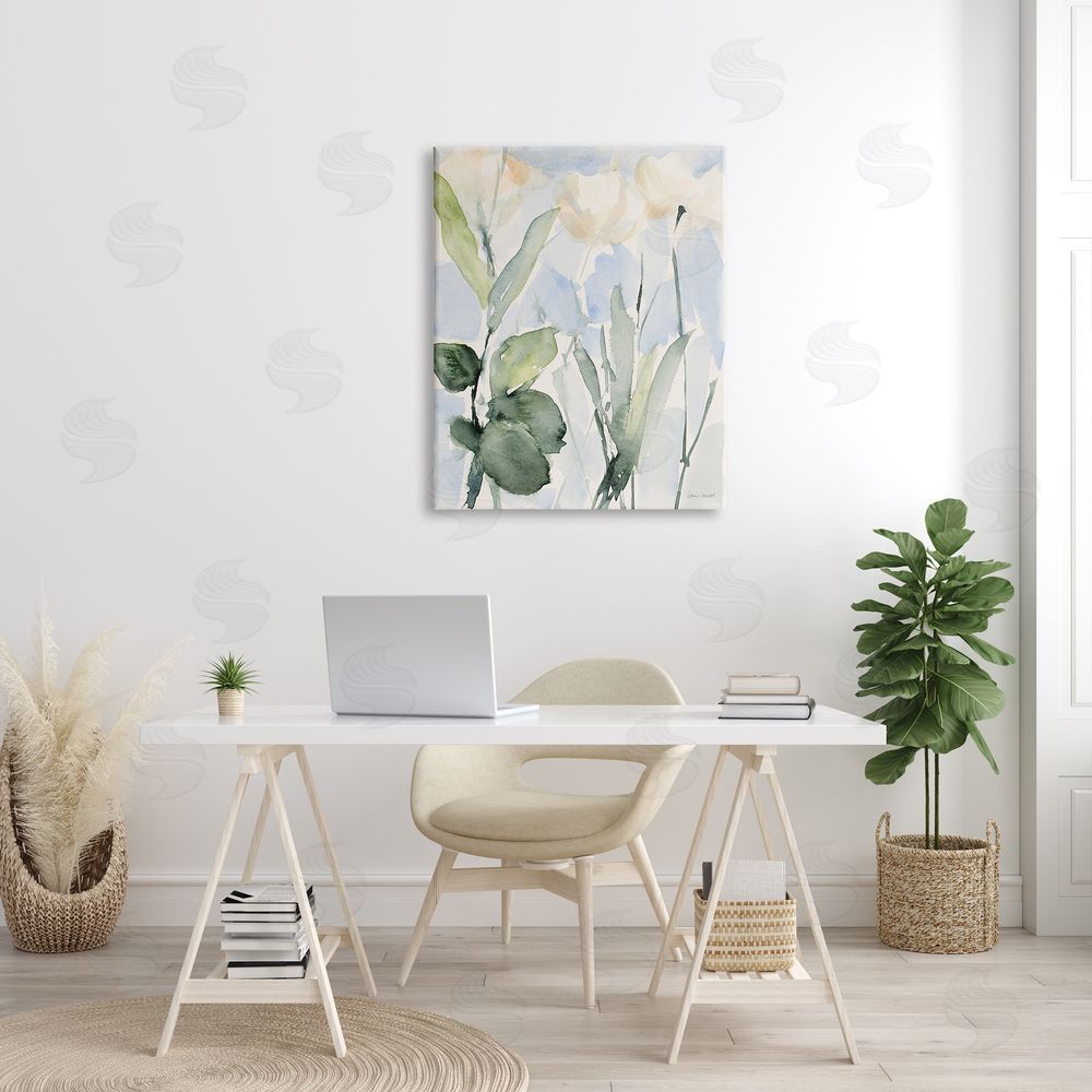 Lanie Loreth Abstract White Flowers Leaves Watercolor Effect Brushstrokes Canvas Wall Art Print in Room