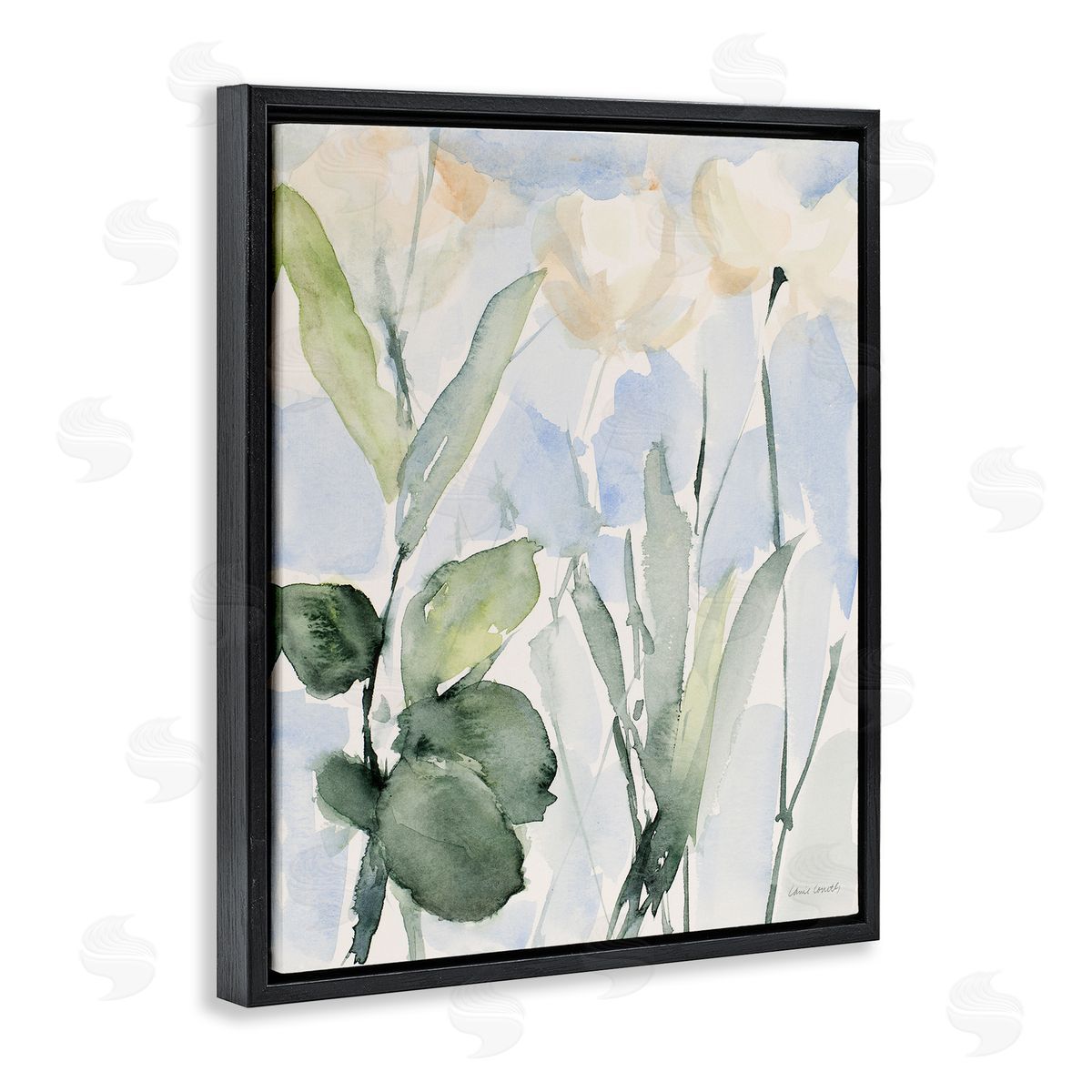 Lanie Loreth Abstract White Flowers Leaves Watercolor Effect Brushstrokes Black Floating Frame Canvas Wall Art Print