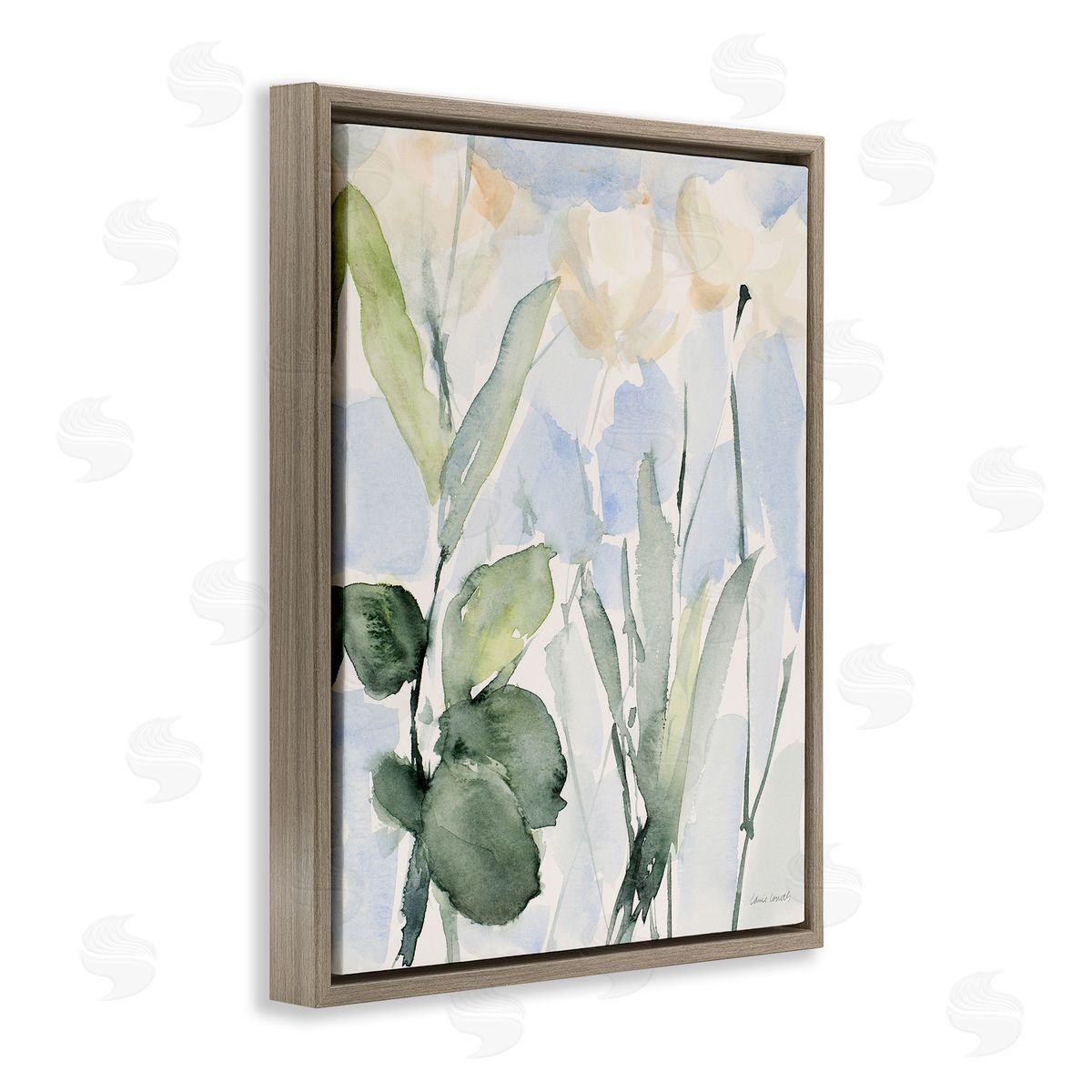 Lanie Loreth Abstract White Flowers Leaves Watercolor Effect Brushstrokes Brown Floating Frame Canvas Wall Art Print
