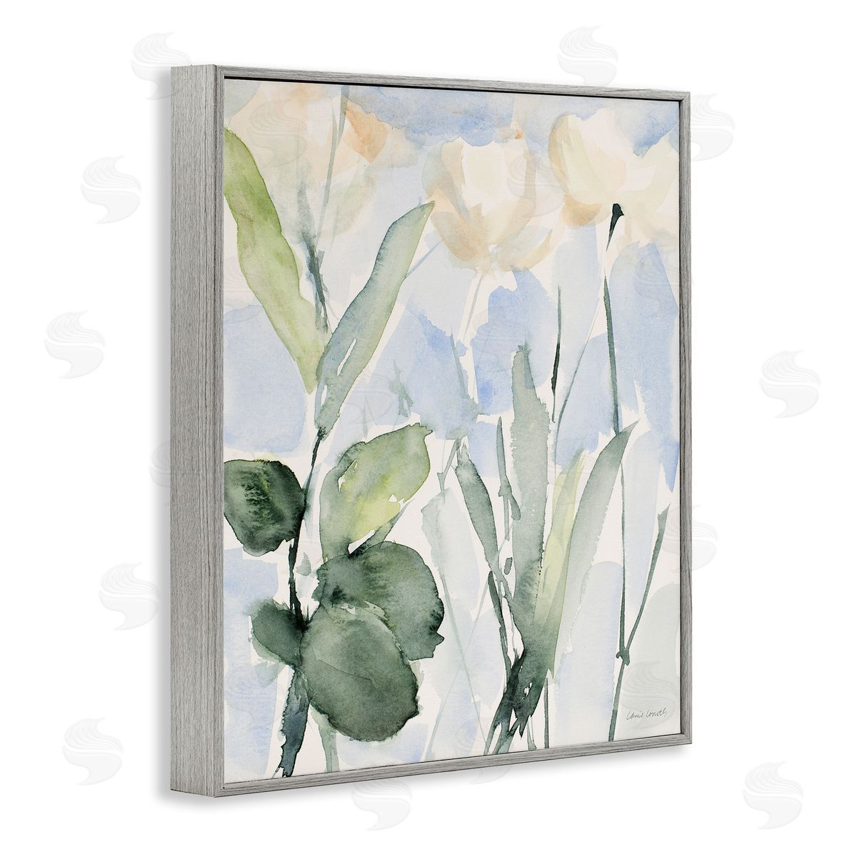 Lanie Loreth Abstract White Flowers Leaves Watercolor Effect Brushstrokes Gray Framed Giclee Wall Art Print