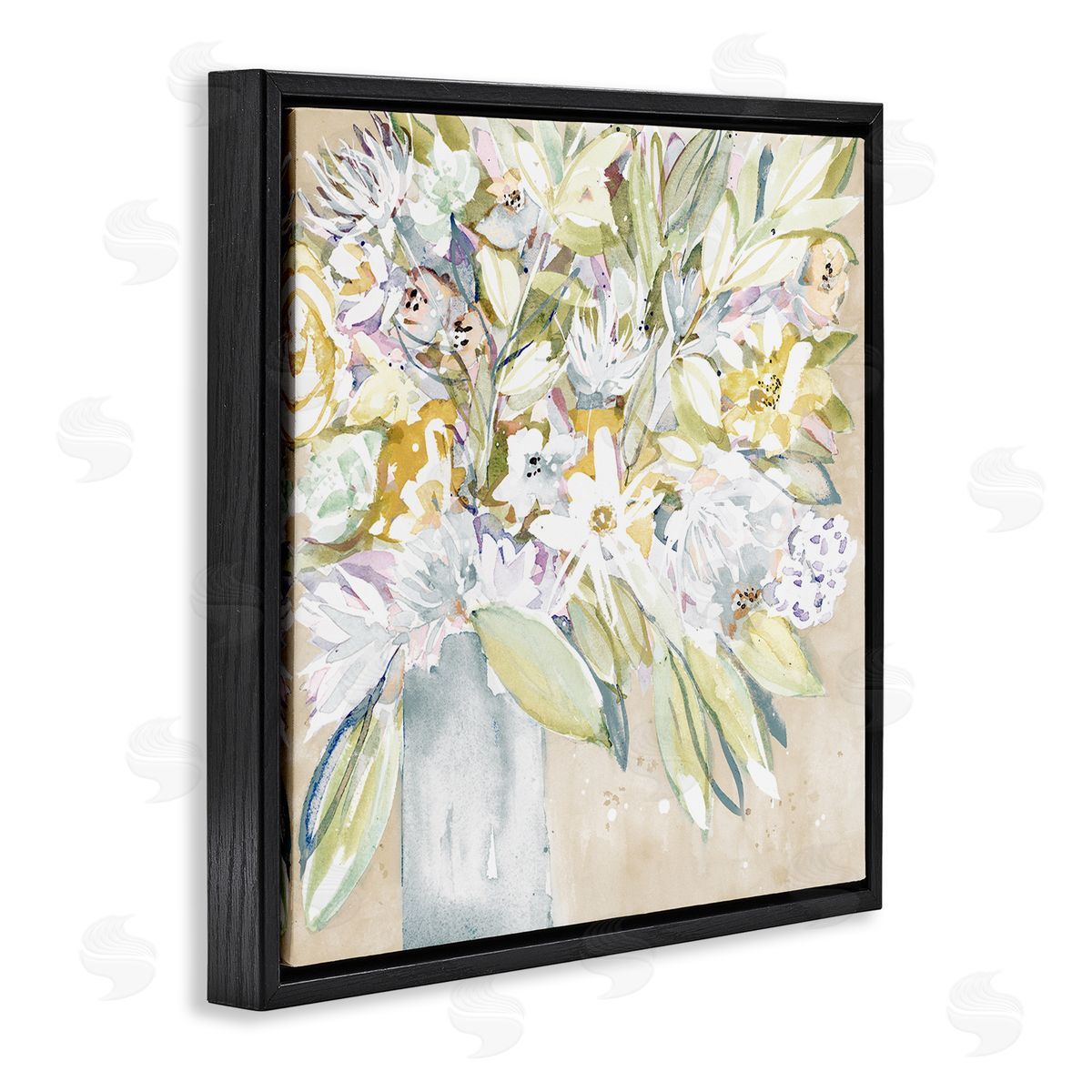 Krinlox Full Varied Floral Arrangement White Petals Vase Black Floating Frame Canvas Wall Art Print