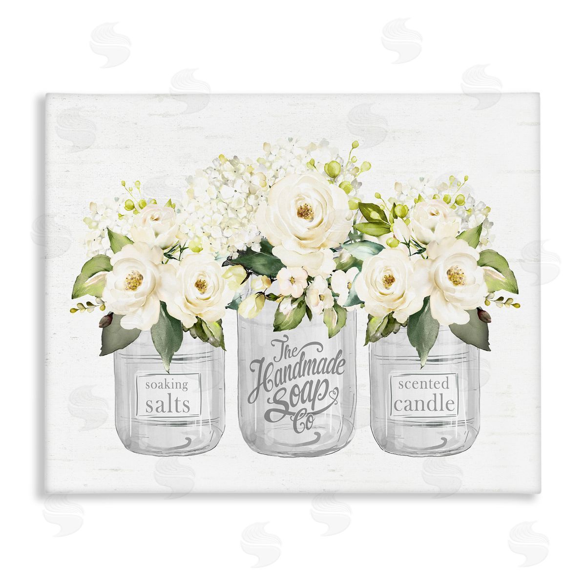 Lettered and Lined White Roses Blooming Country Rustic Candle Jars Stretched Canvas Wall Art Print