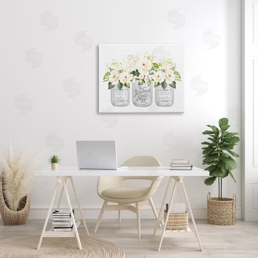 Lettered and Lined White Roses Blooming Country Rustic Candle Jars Canvas Wall Art Print in Room