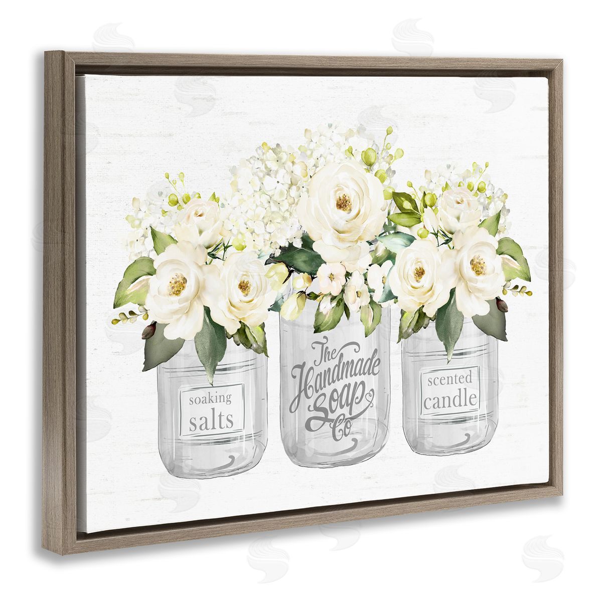 Lettered and Lined White Roses Blooming Country Rustic Candle Jars Brown Floating Frame Canvas Wall Art Print