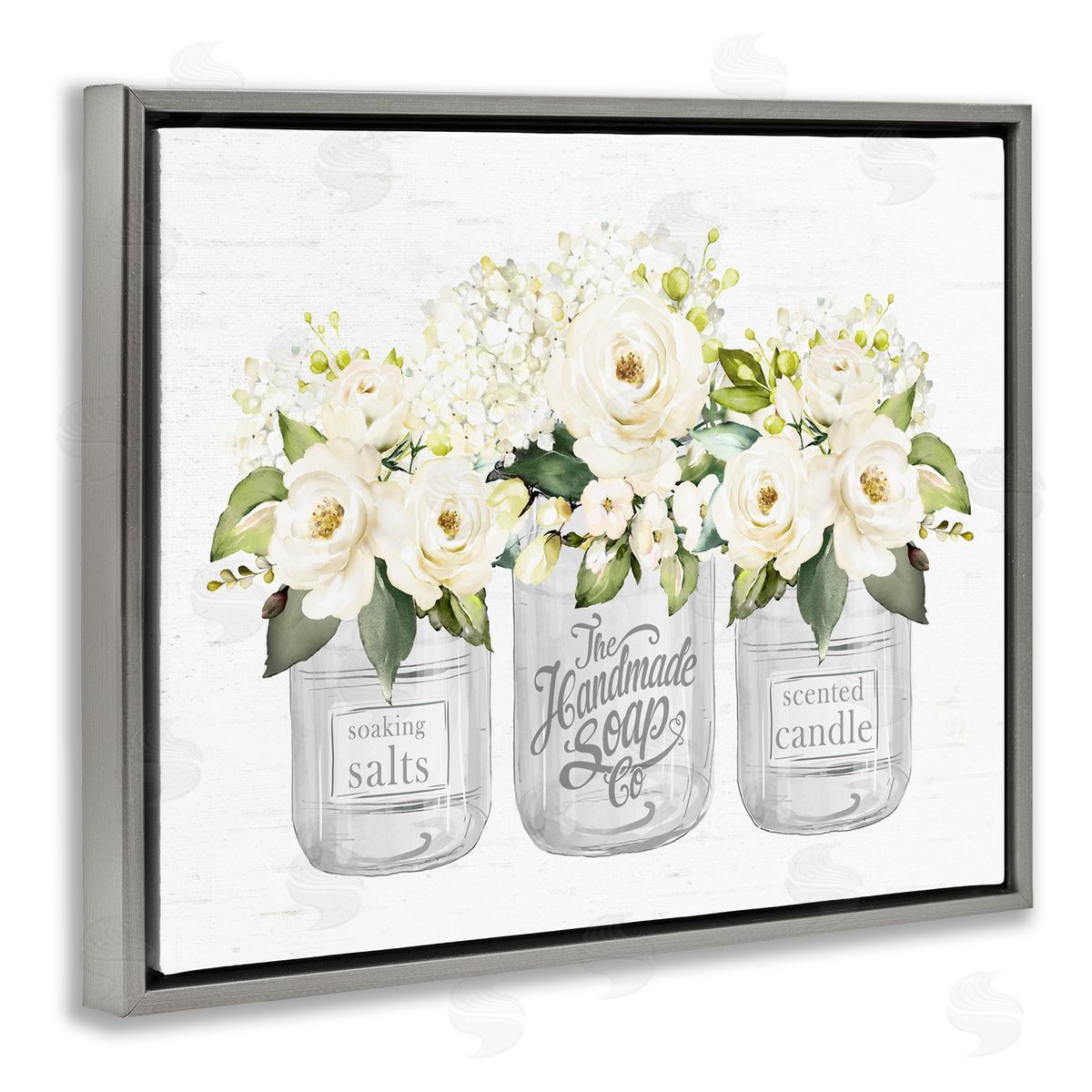 Lettered and Lined White Roses Blooming Country Rustic Candle Jars Gray Floating Frame Canvas Wall Art Print
