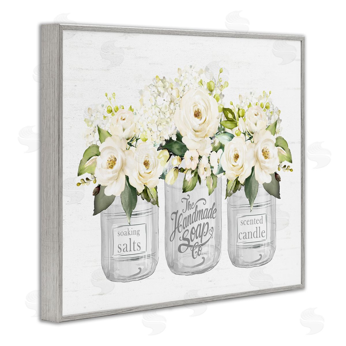 Lettered and Lined White Roses Blooming Country Rustic Candle Jars Gray Framed Giclee Wall Art Print