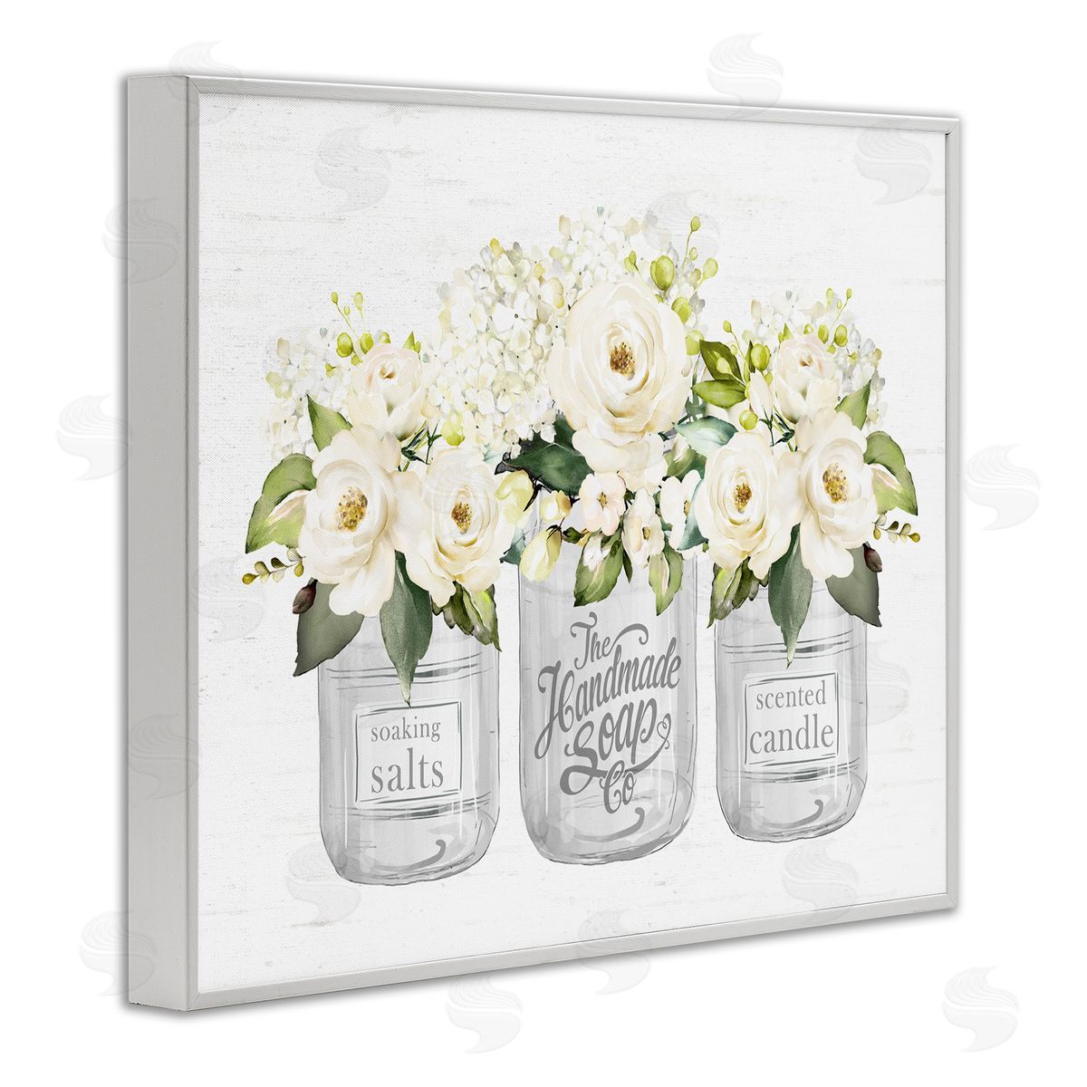 Lettered and Lined White Roses Blooming Country Rustic Candle Jars White Framed Giclee Wall Art Print