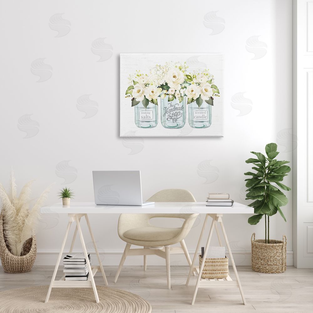 Lettered and Lined Farmhouse Rose Blossom Bouquets Varied Country Jars  Canvas Wall Art Print in Room
