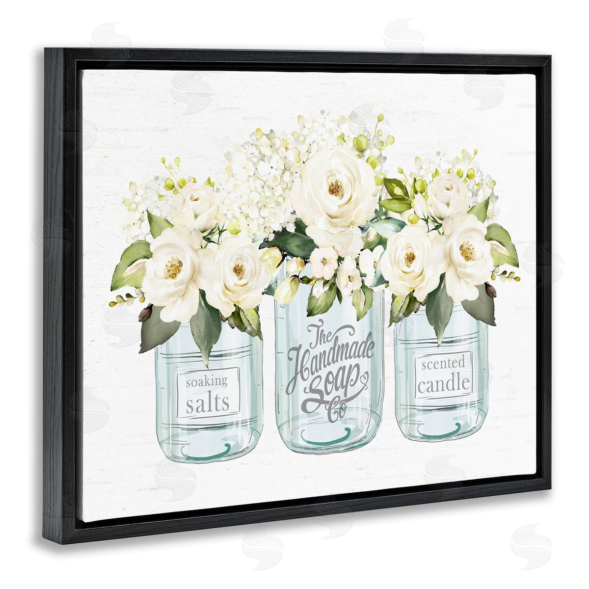 Lettered and Lined Farmhouse Rose Blossom Bouquets Varied Country Jars  Black Floating Frame Canvas Wall Art Print