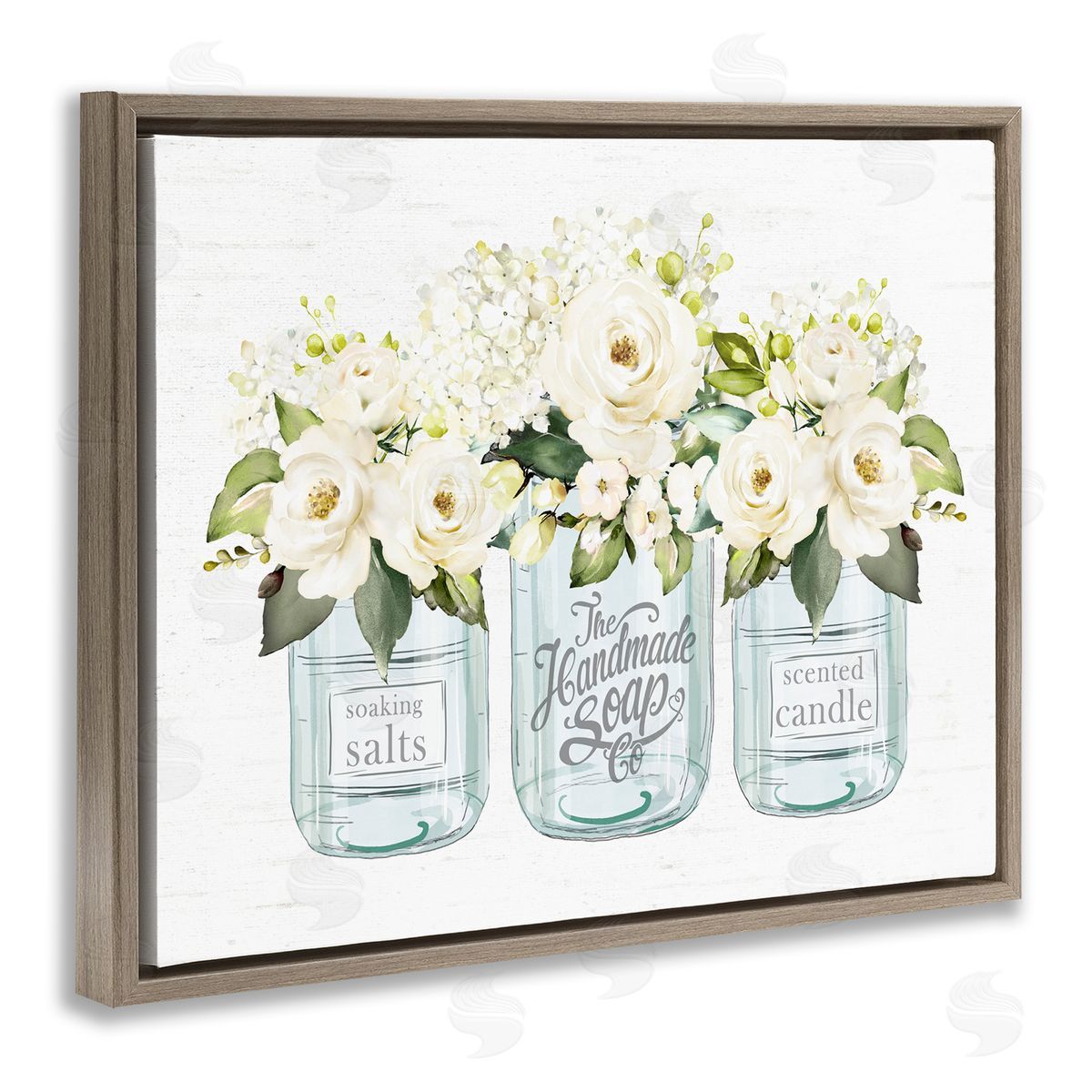 Lettered and Lined Farmhouse Rose Blossom Bouquets Varied Country Jars  Brown Floating Frame Canvas Wall Art Print