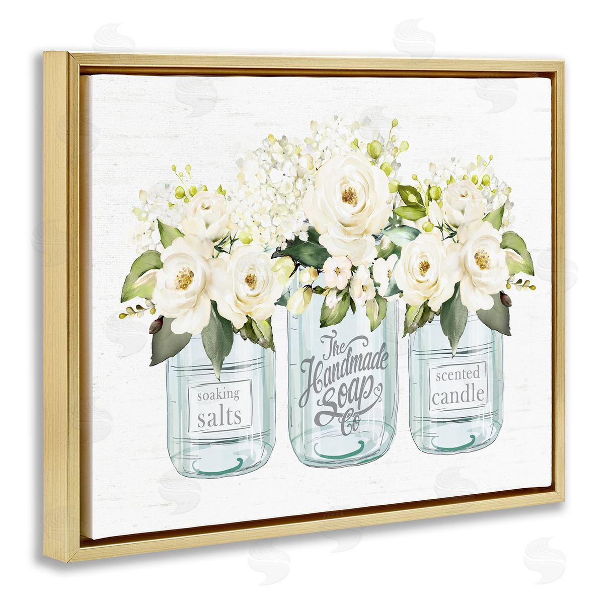 Lettered and Lined Farmhouse Rose Blossom Bouquets Varied Country Jars  Gold Floating Frame Canvas Wall Art Print