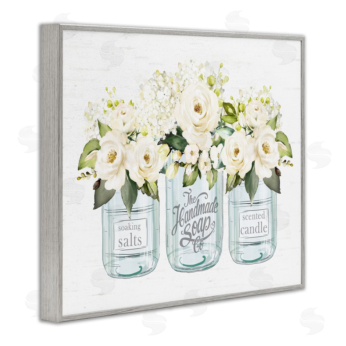 Lettered and Lined Farmhouse Rose Blossom Bouquets Varied Country Jars  Gray Framed Giclee Wall Art Print