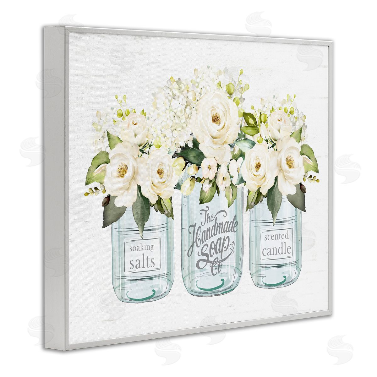 Lettered and Lined Farmhouse Rose Blossom Bouquets Varied Country Jars  White Framed Giclee Wall Art Print