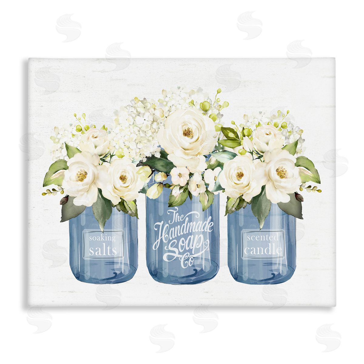 Lettered and Lined White Rose Flower Bouquets Blue Farmhouse Jars Stretched Canvas Wall Art Print