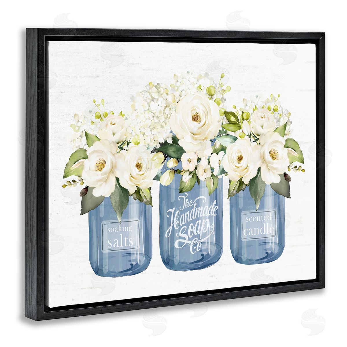 Lettered and Lined White Rose Flower Bouquets Blue Farmhouse Jars Black Floating Frame Canvas Wall Art Print