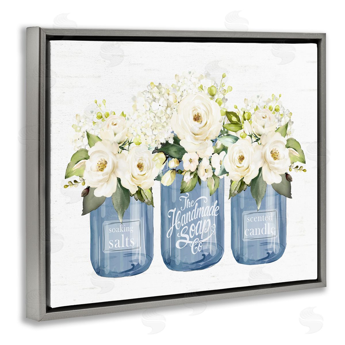 Lettered and Lined White Rose Flower Bouquets Blue Farmhouse Jars Gray Floating Frame Canvas Wall Art Print